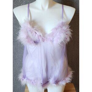 Vtg Fredericks of Hollywood 80s Babydoll Lingerie Dress Feathers Trim Purple O/S